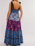 Women Floral Maxi Dress Tie Shoulder Patchwork Smocked Flowy Boho Dress with Pockets Summer Vacation Sundress