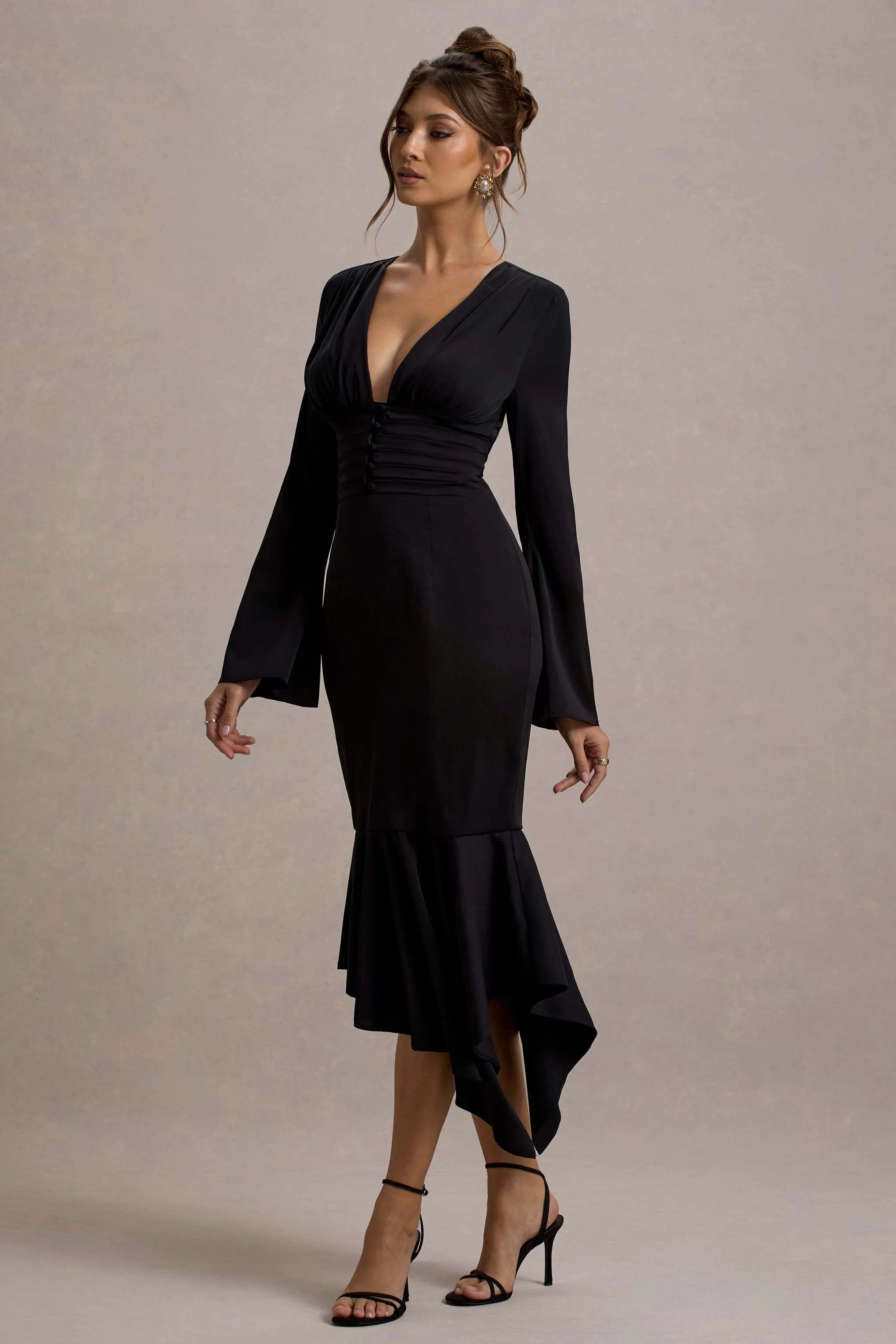 Rehna Black Plunge Neck Bell Sleeve Midi Dress
