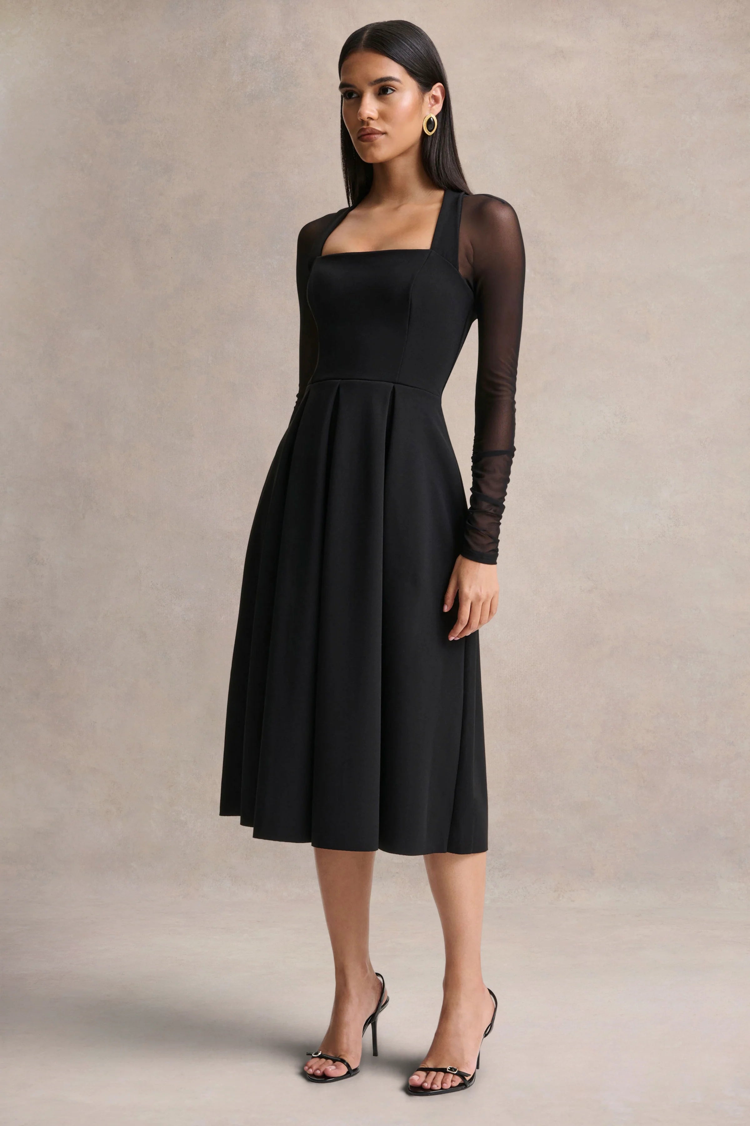 Melinda Black Square Neck Midi Dress With Mesh Detailing