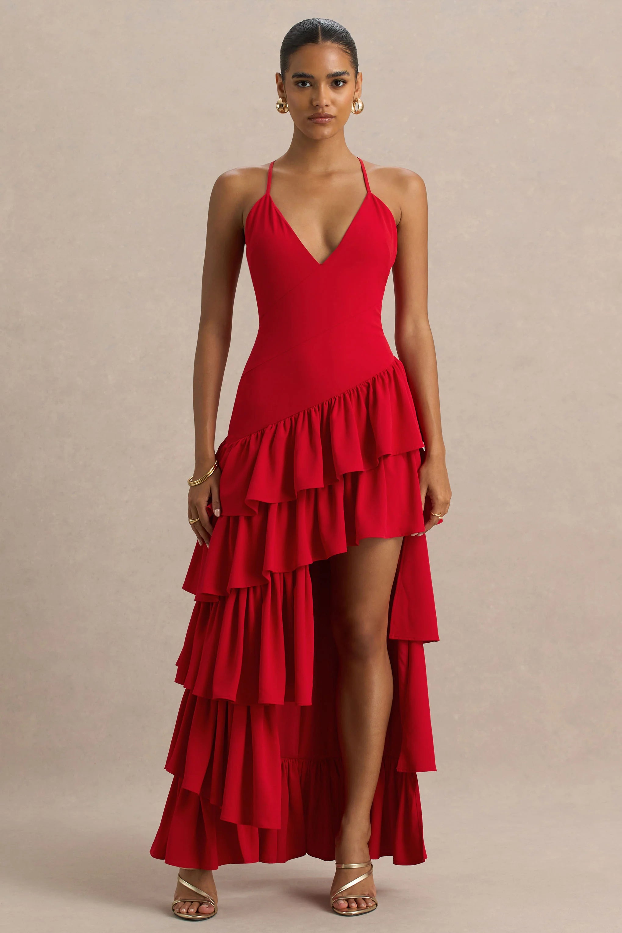 Bogota Red Plunge Neck Maxi Dress With Ruffling Details And Front High Split