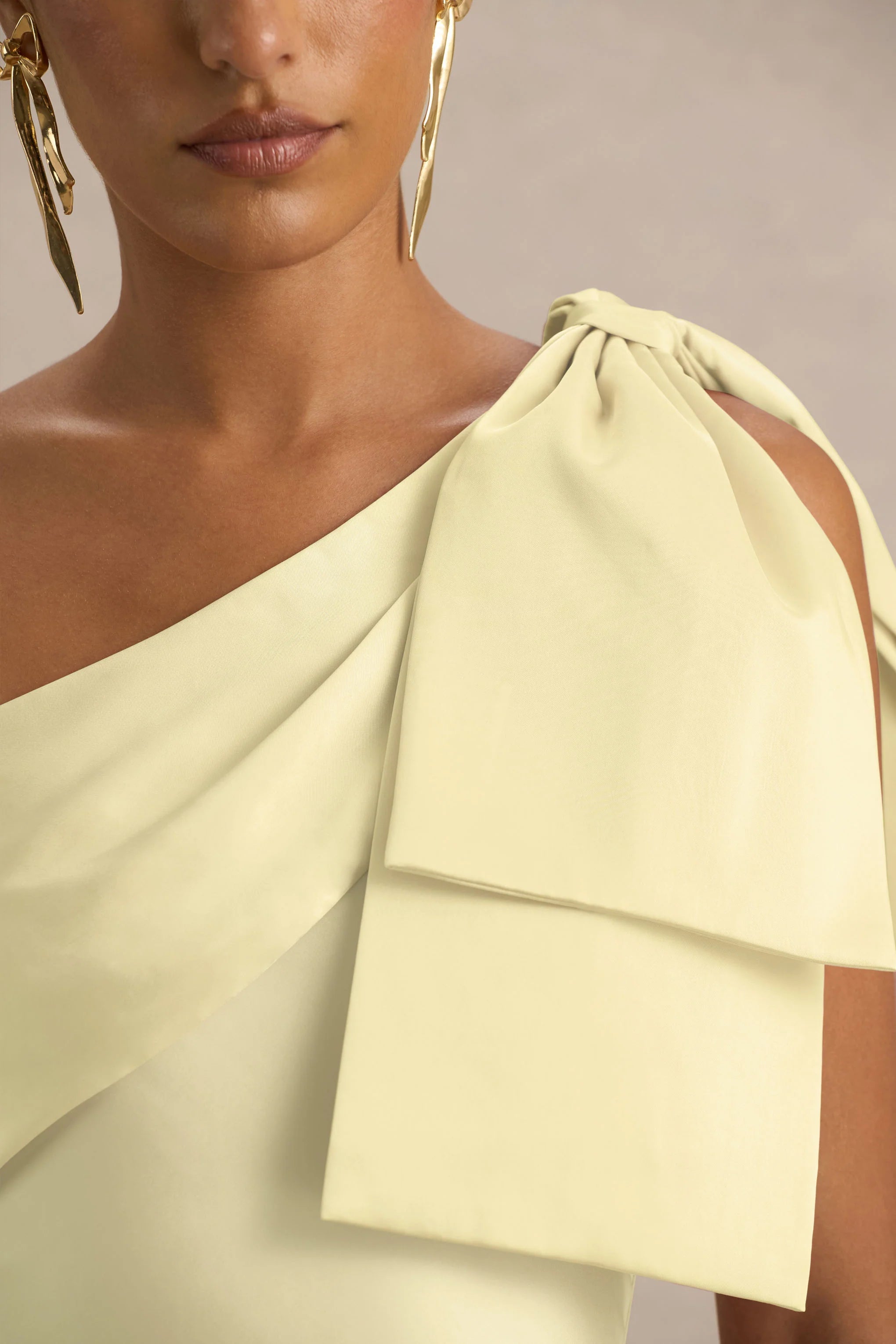 Valerie Lemon Satin Asymmetric Neck Maxi Dress With Bow Detail