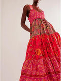 Women Floral Maxi Dress Tie Shoulder Patchwork Smocked Flowy Boho Dress with Pockets Summer Vacation Sundress