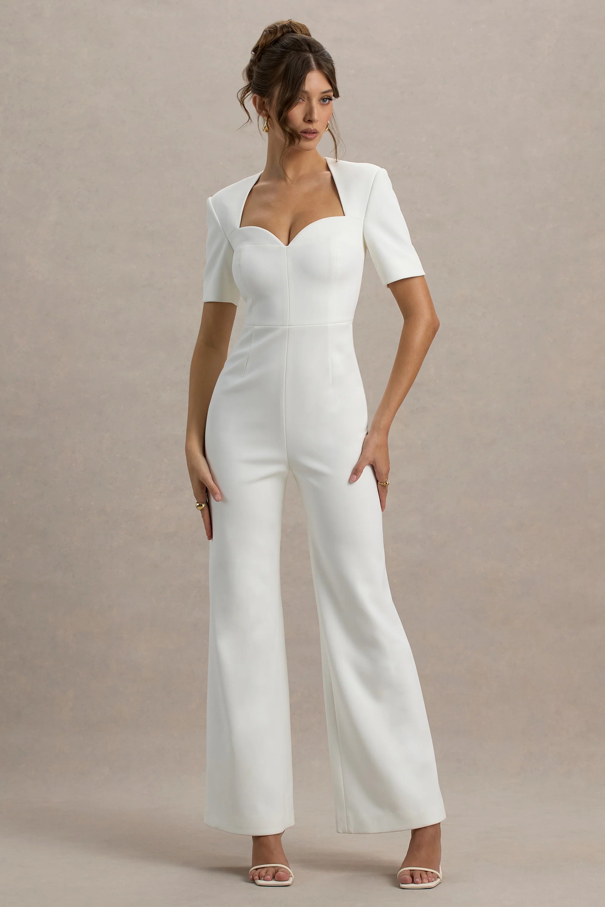 Simone White Sweetheart Short Sleeve Wide Leg Jumpsuit