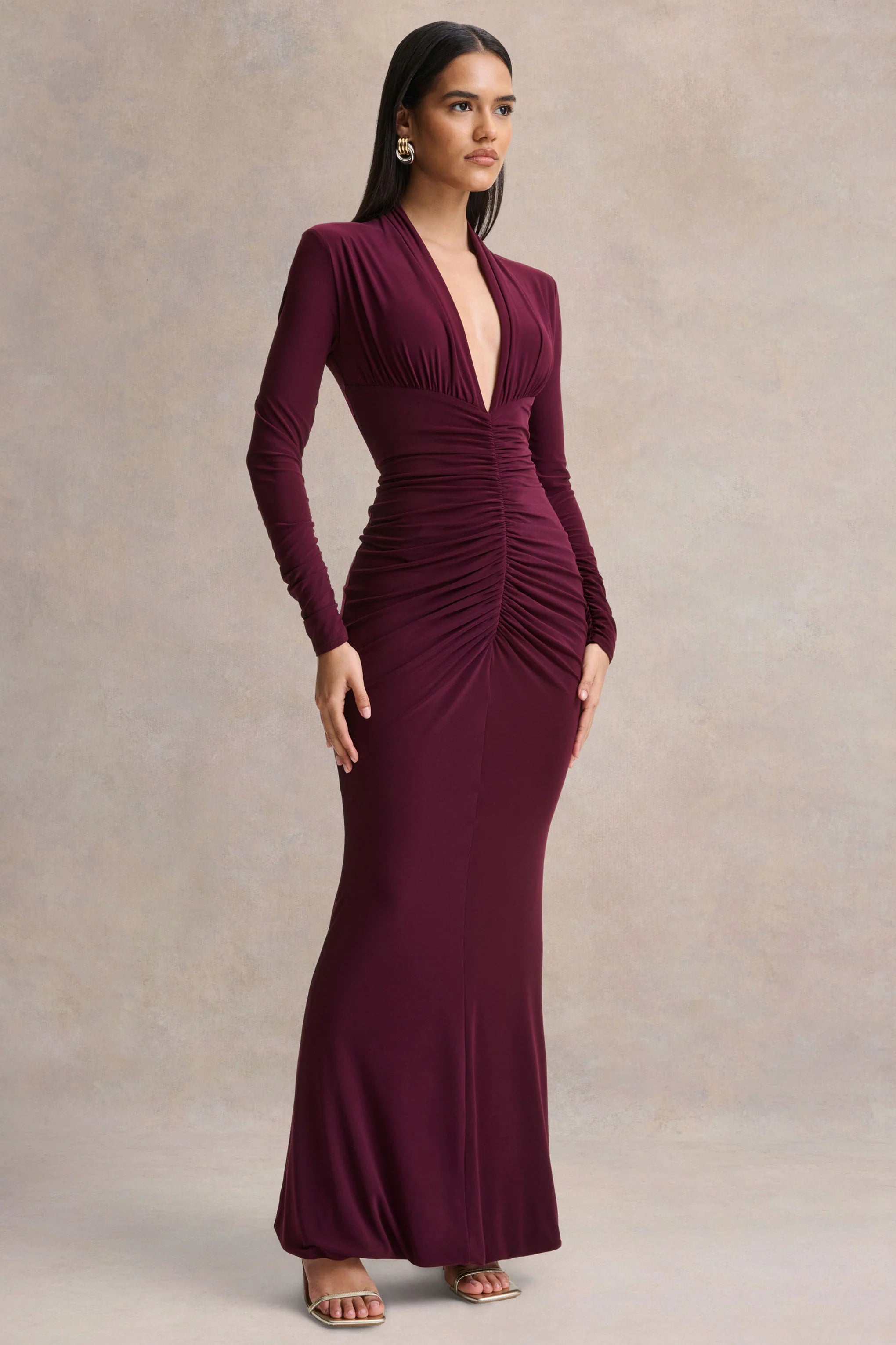 Tami Plum Plunge Neck Long Sleeve Maxi Dress