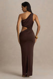 Serefine Brown Asymmetric Neck Maxi Dress With Body Cut Out