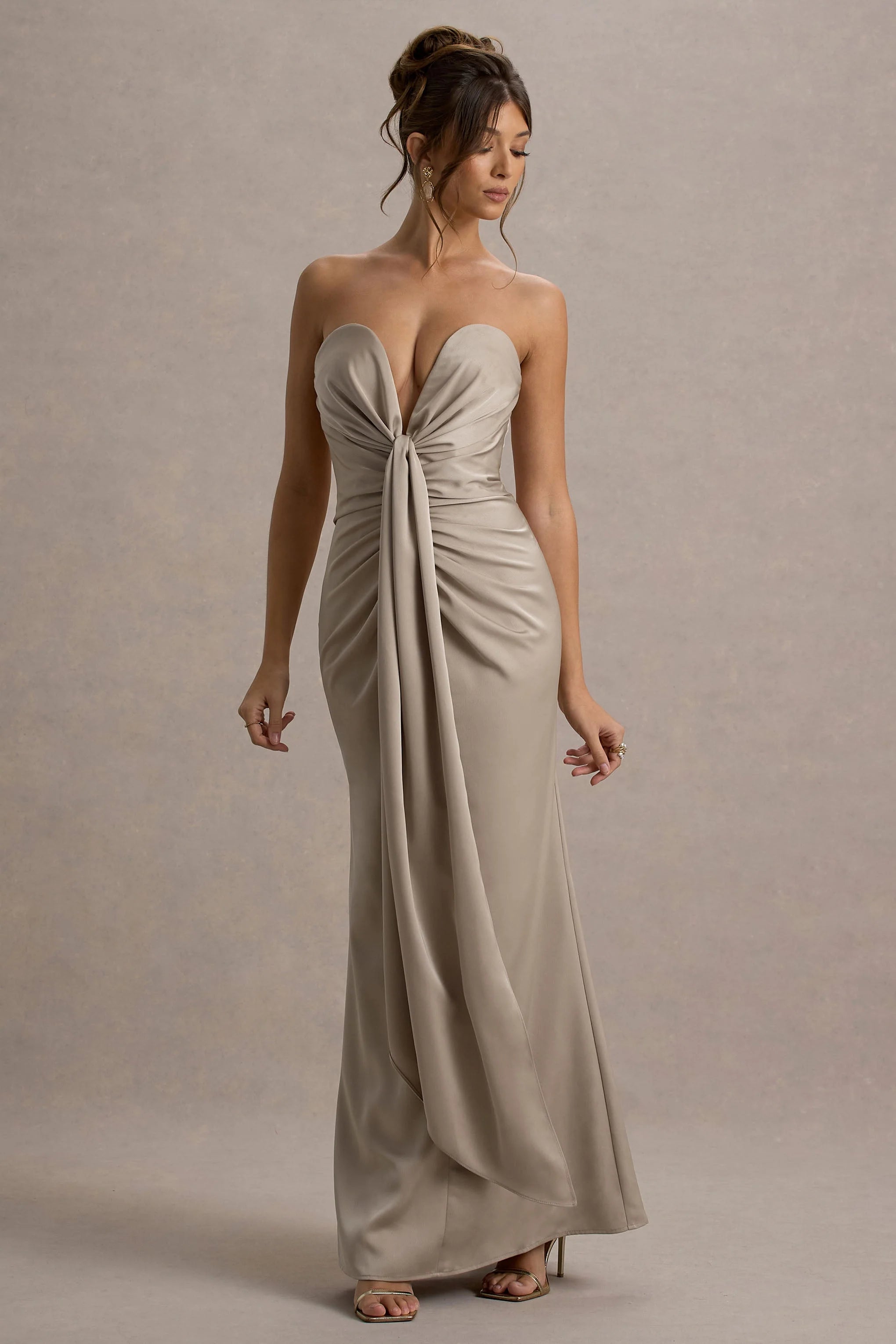 Mackenzie Champagne Satin Plunge Neck Draped Maxi Dress