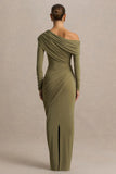 Perrie Olive Asymmetric Neck Maxi Dress With Ruched Detailing