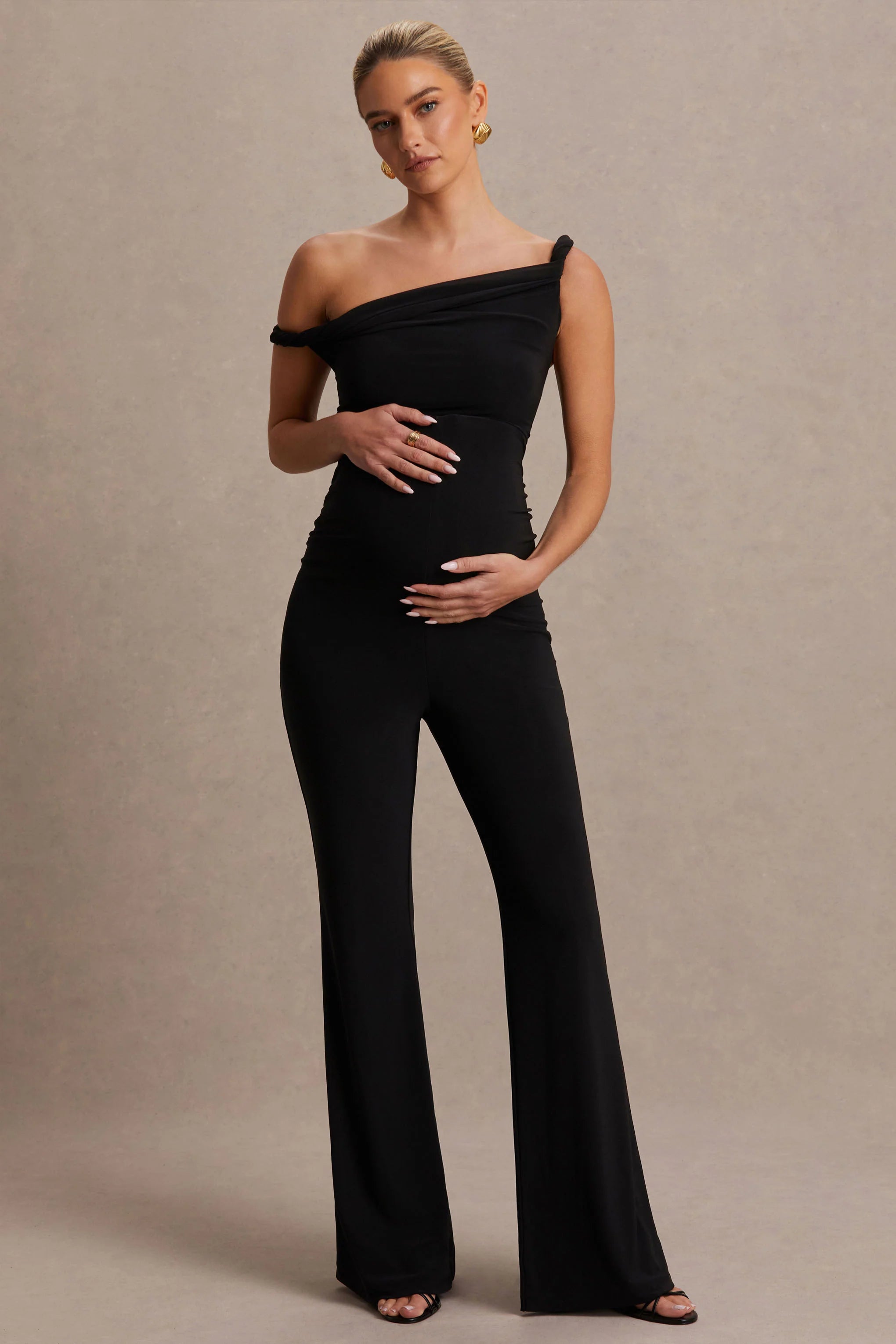 Kira Black Asymmetric Neck Maternity Jumpsuit