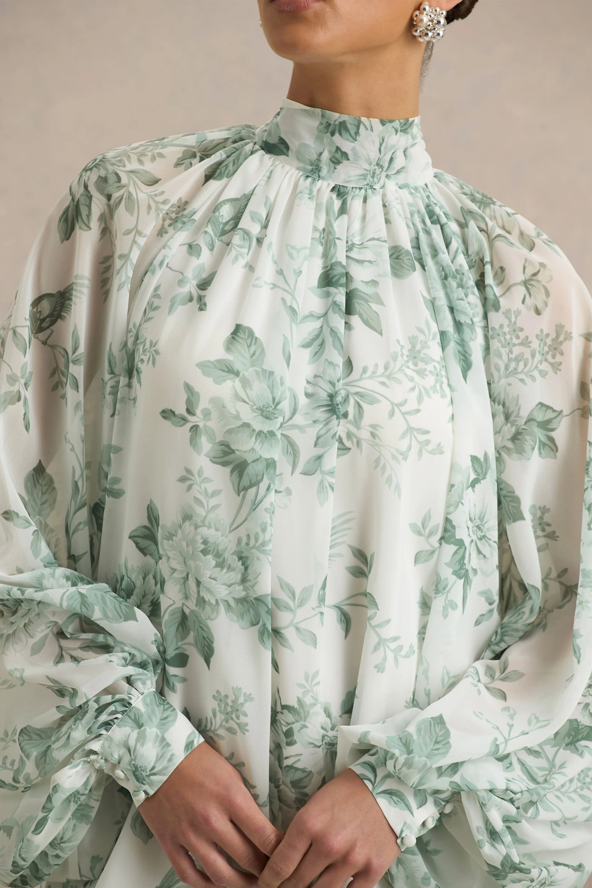 Delphia Green Floral Print High Neck Maxi Dress