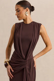 Blythia Brown Round Neck Maxi Dress With Gathered Detailing