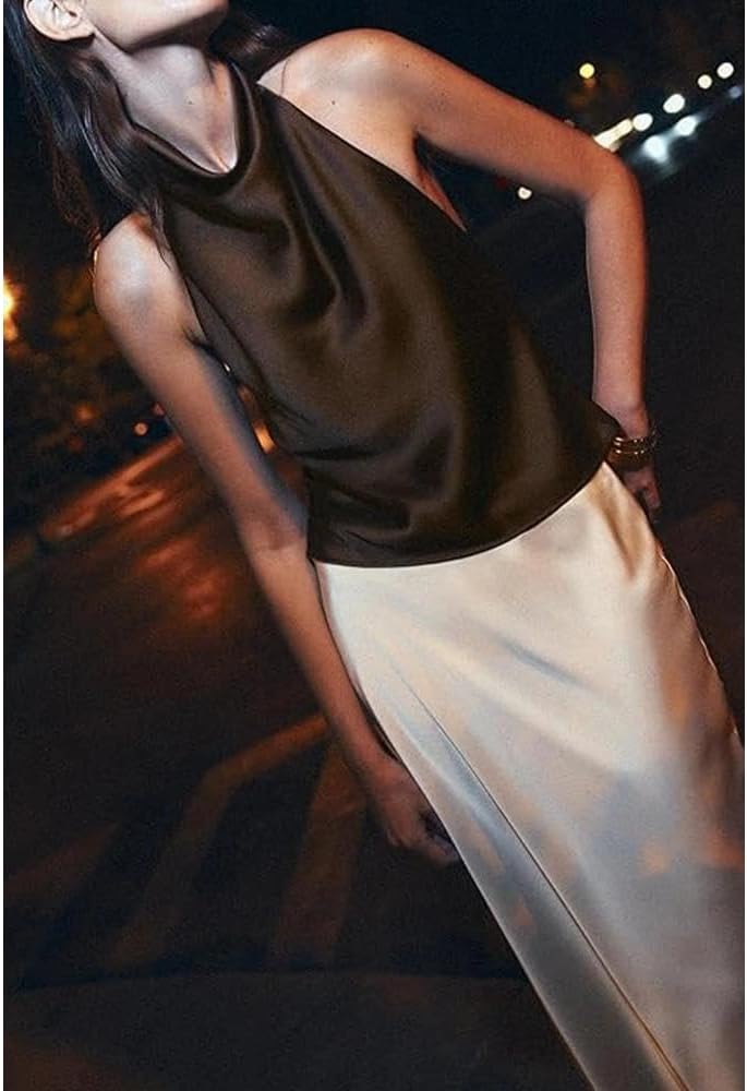 Women Halter Top Cowl Neck Backless Satin Silk Tank Tops Elegant Going Out Clubwear