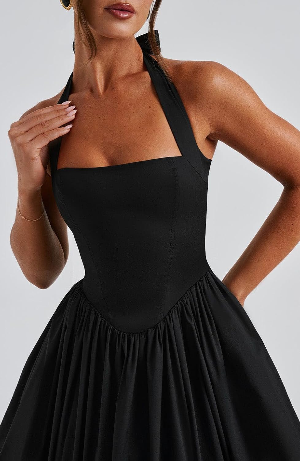 Women Halter Midi Dress Corset Back Layered Tulle Skirt A Line Formal Dresses Wedding Guest Bridal Shower