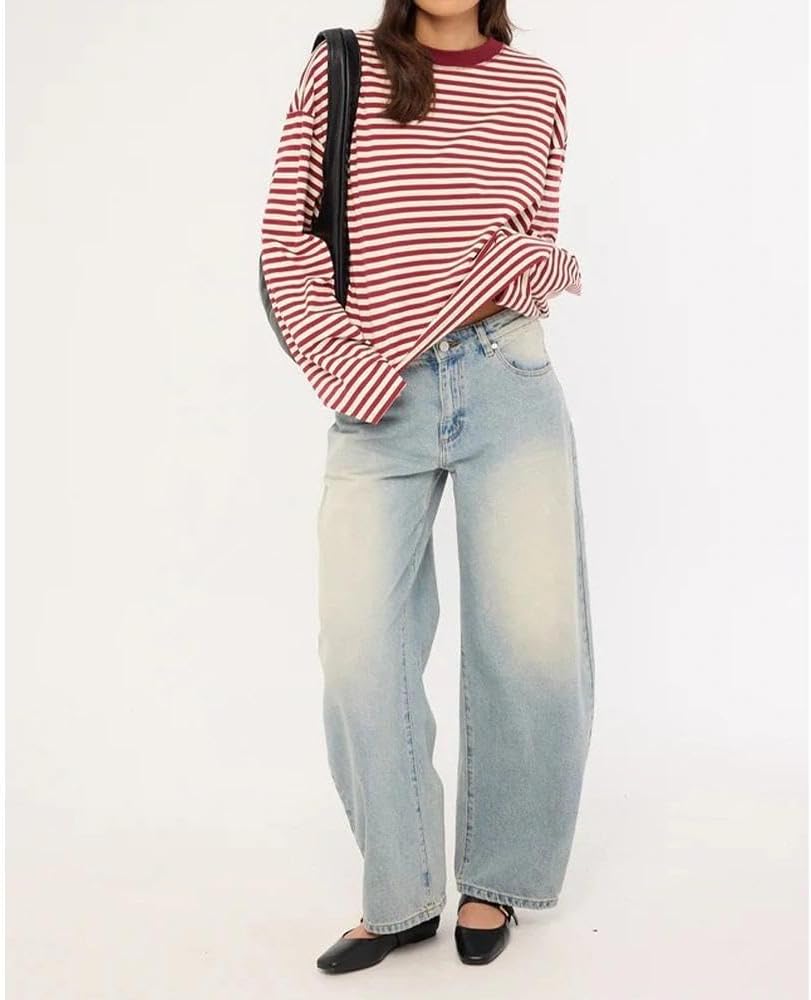 Women Striped Long Sleeve Shirt Crewneck Cropped Pullover Top Fall Winter Vintage Sweatshirt Streetwear