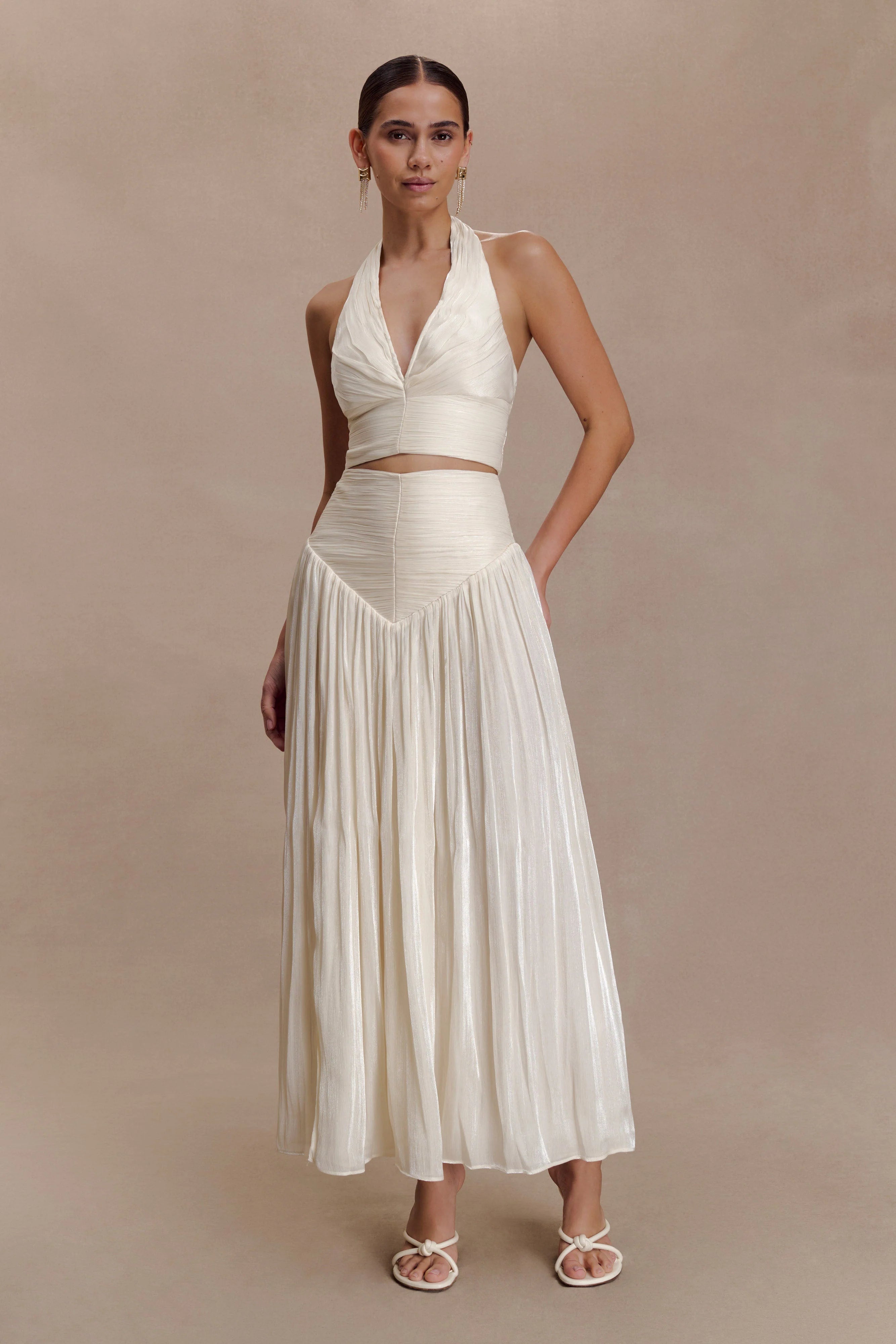 Makena Gathered V Neck Top Opal White