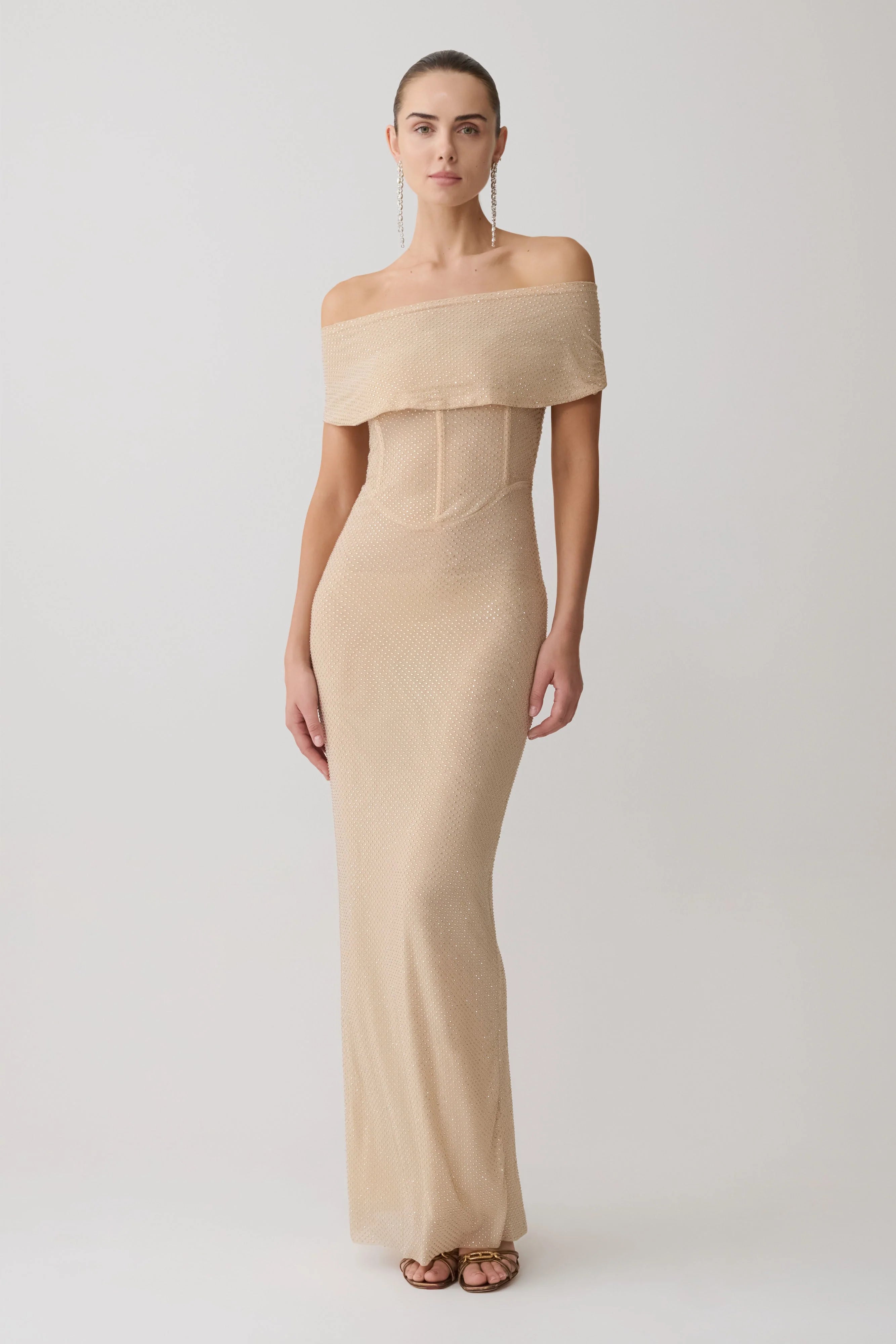 Phi Multi Wear Cowl Diamante Maxi Dress Gold