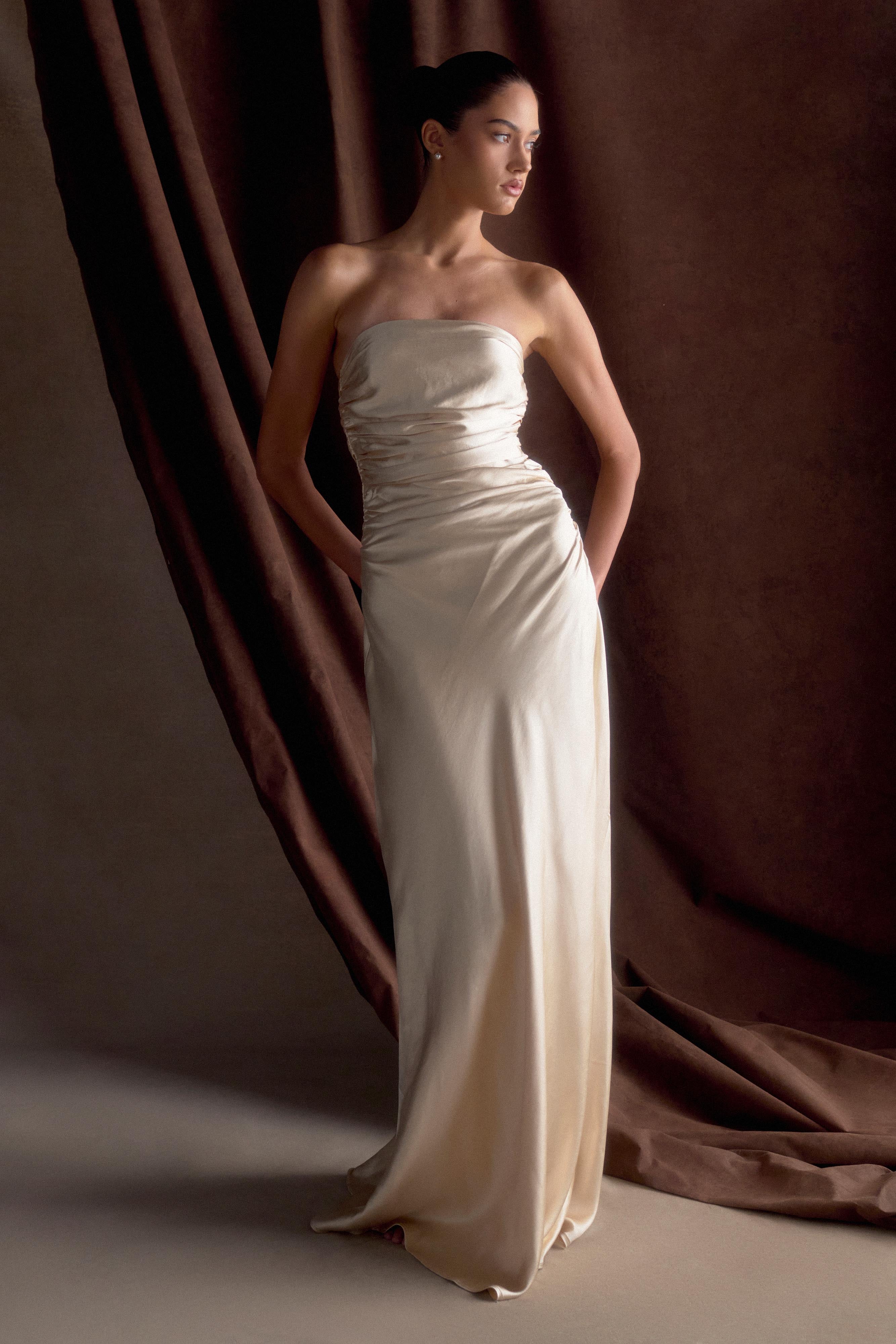 Cedar Strapless Satin Maxi Dress Blush Gold