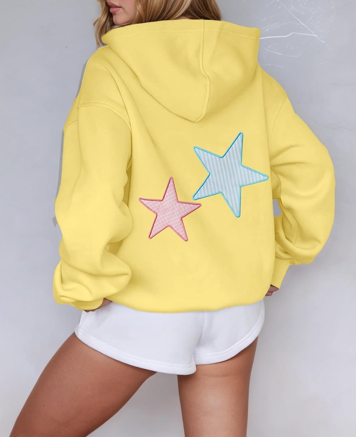 Women Cute Hoodies Oversized Y2k Star Patch Fleece Sweatshirt Pastel Hoodie for Teen Girls