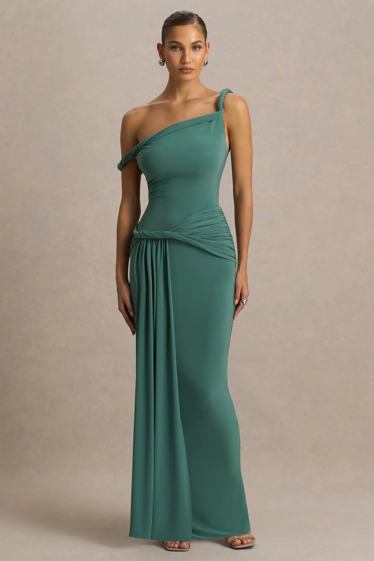 Tulisa Green Asymmetric Neck Maxi Dress With Twist Sleeves And Ruched Detailing