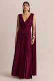 Amelisse Burgundy Plunge Neck Maxi Dress With Ruched Detailing