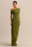 Avialee Green Asymmetric Neck Maxi Dress With Gathered Detailing And Sash