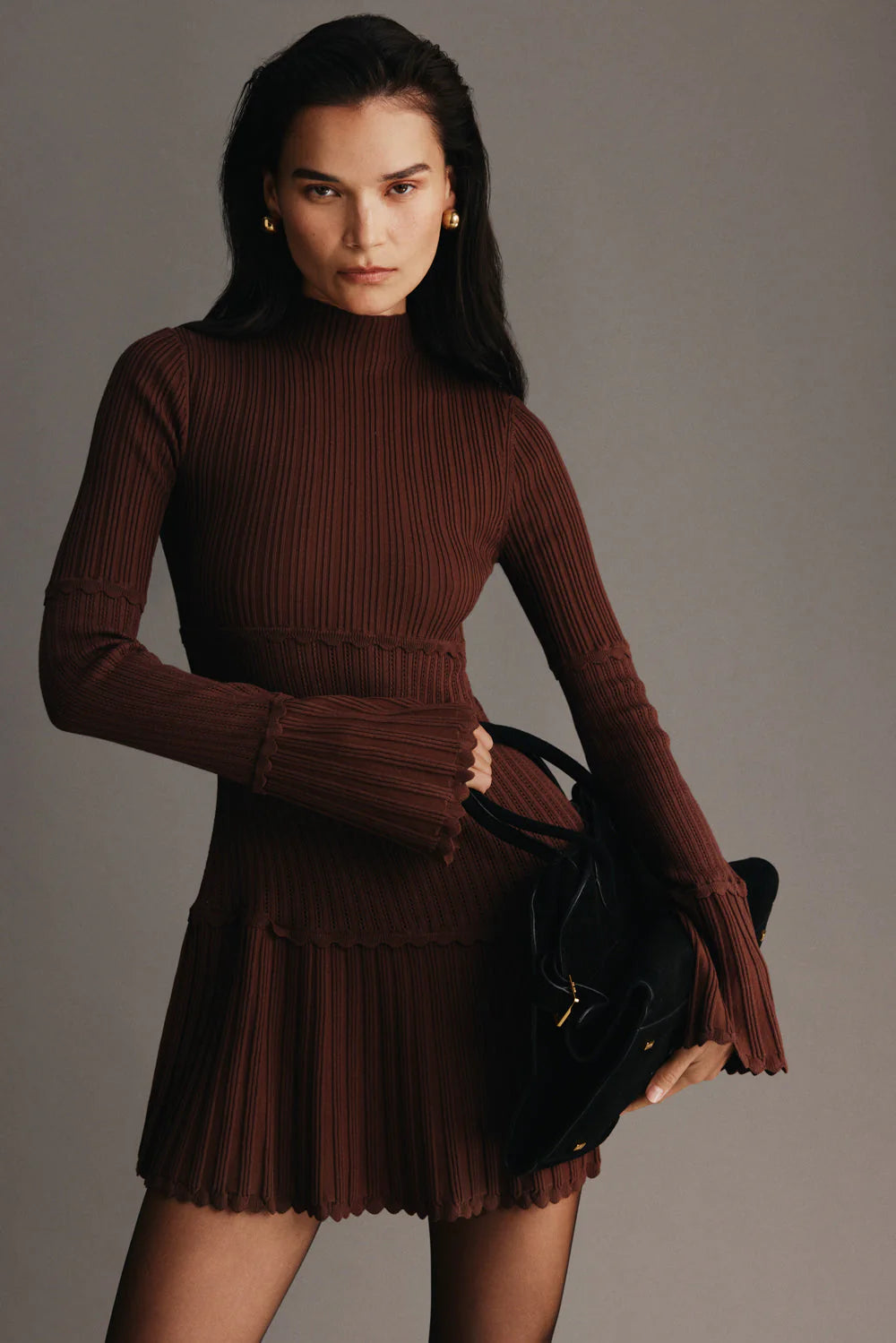 Adena Pointelle Knit Mini Dress Chocolate