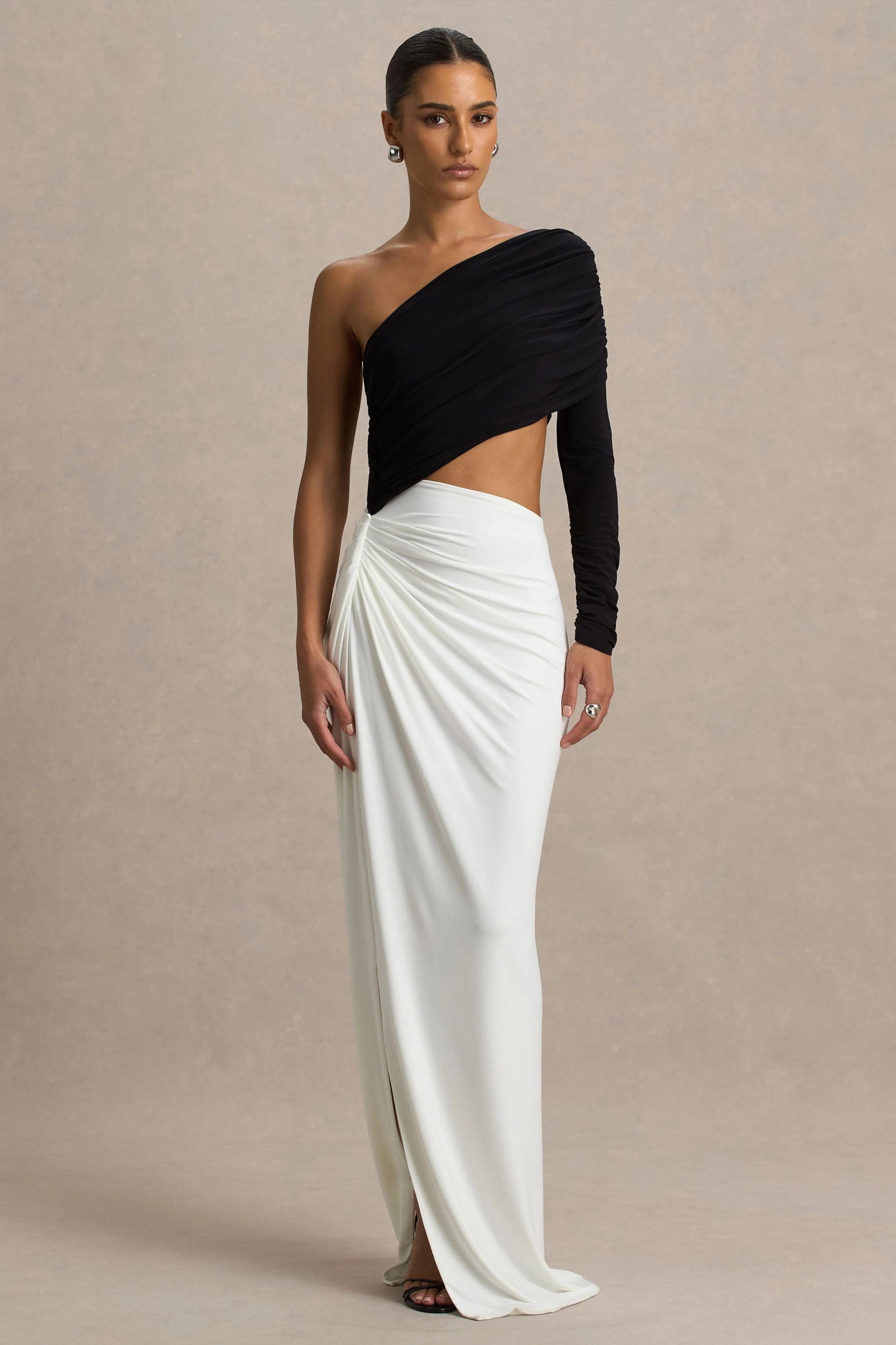 Malika Black And White Asymmetric Neck Maxi Dress With Body Cut Out And Gathered Detailing