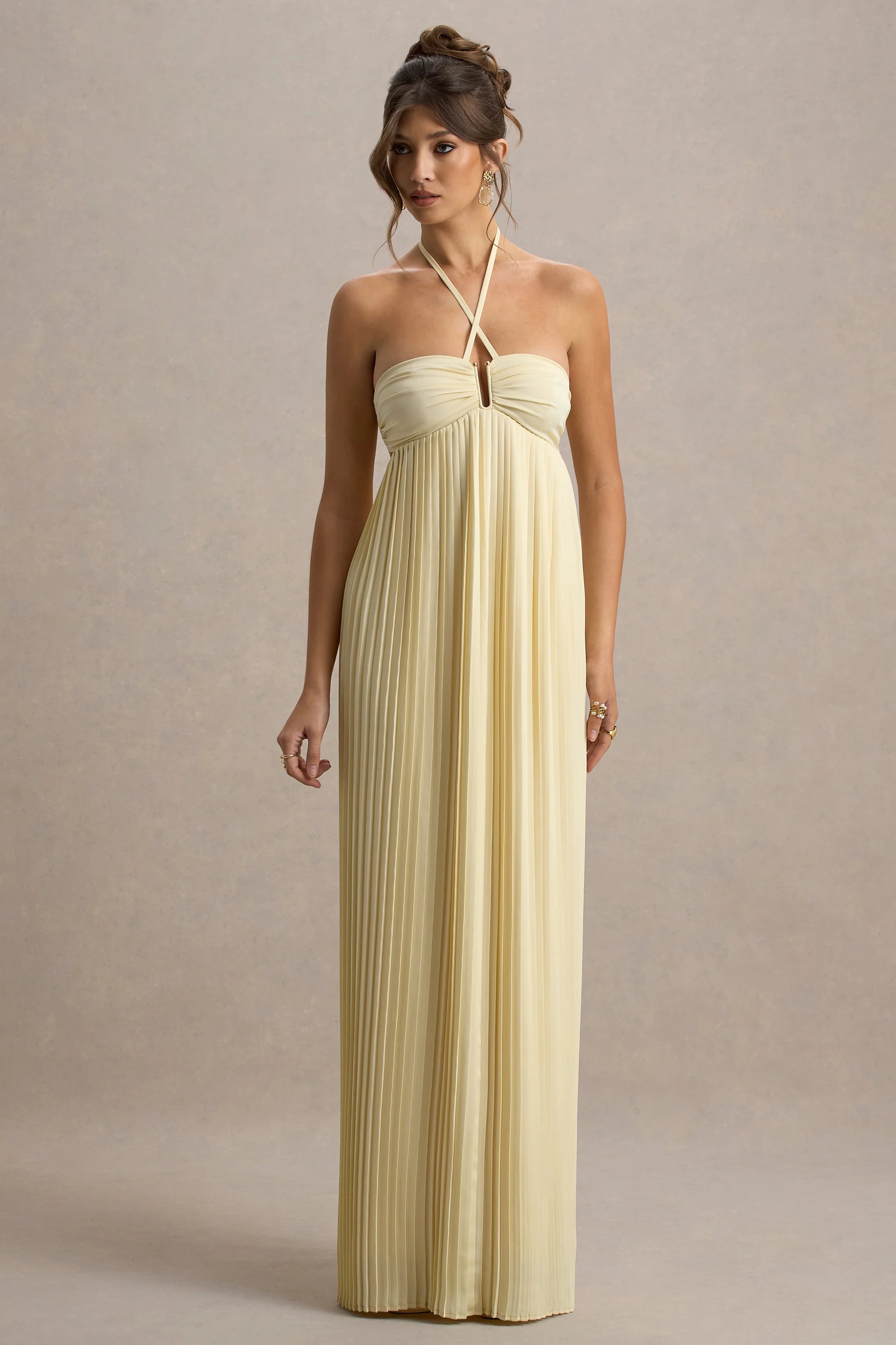 Elayne Pale Lemon Halter Neck Maxi Dress With Cut Out Detail
