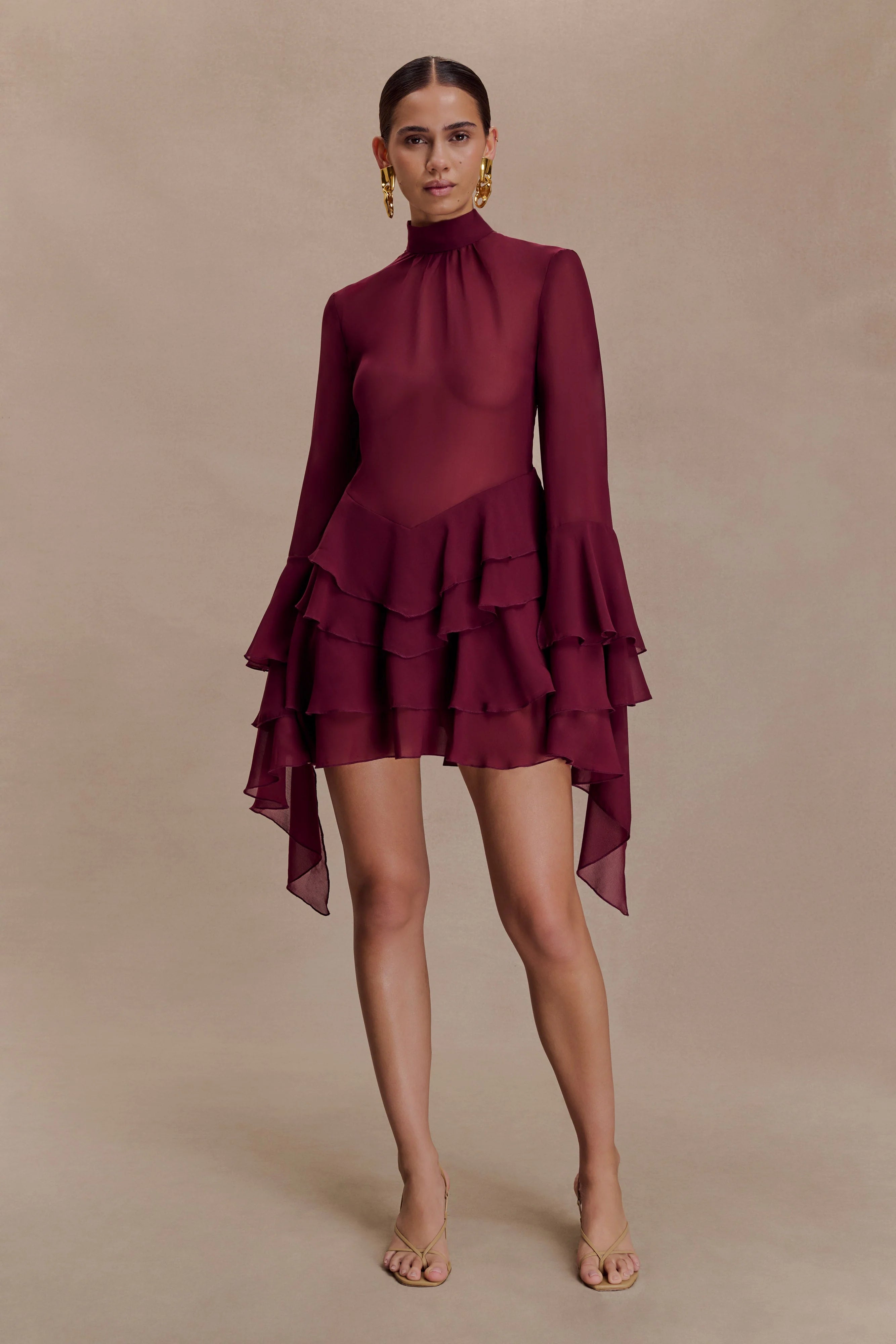 Nimah Chiffon Ruffle Mini Dress Wine