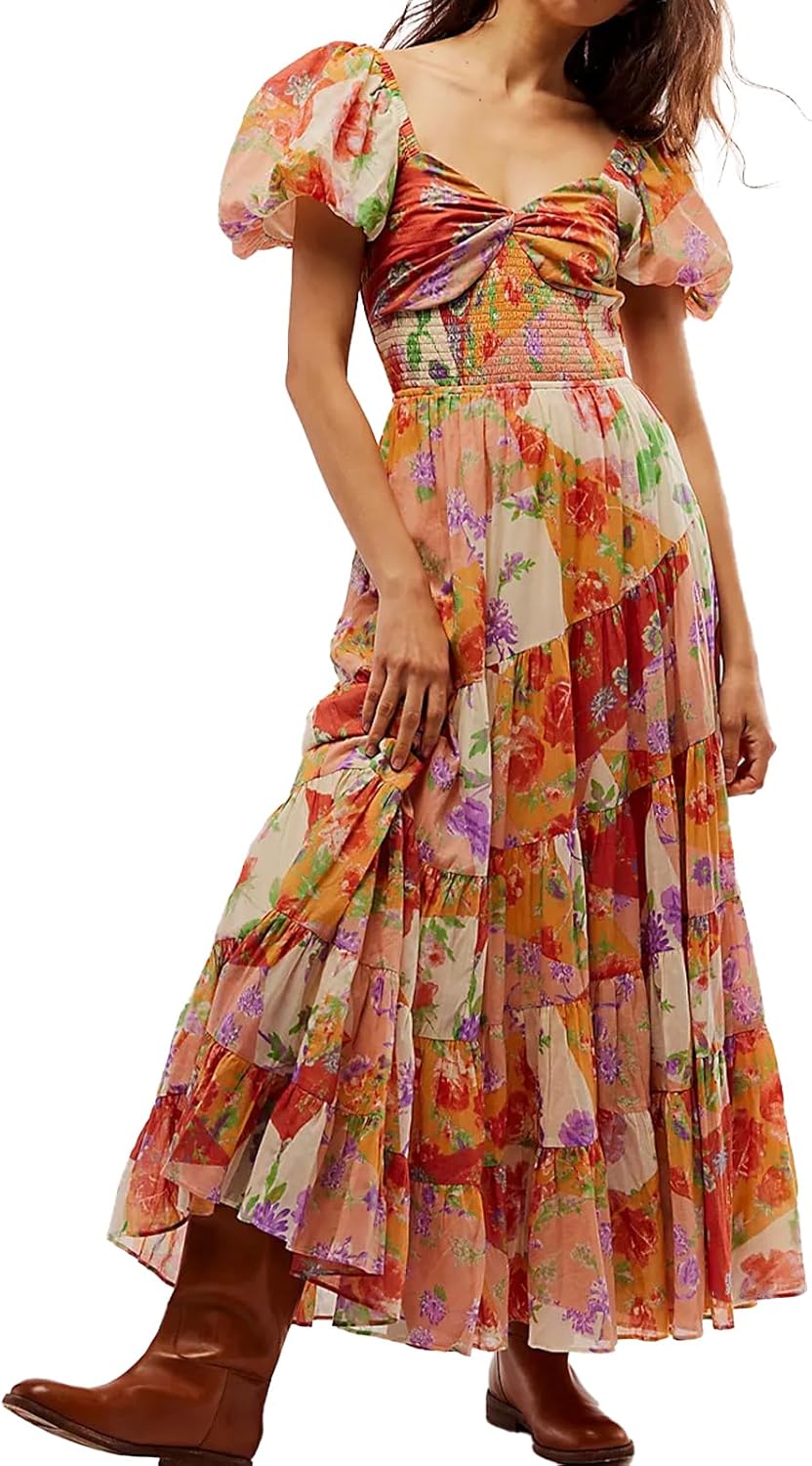 Women Floral Maxi Dress Short Puff Sleeve V Neck Bohemian Flowy Dress Smocked Casual Spring Summer Dresses
