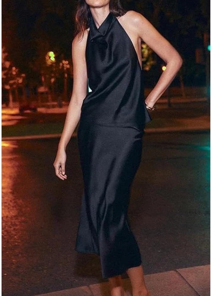 Women Halter Top Cowl Neck Backless Satin Silk Tank Tops Elegant Going Out Clubwear
