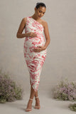 Late Night Pink Floral Print Maternity Ruched One Shoulder Midi Dress
