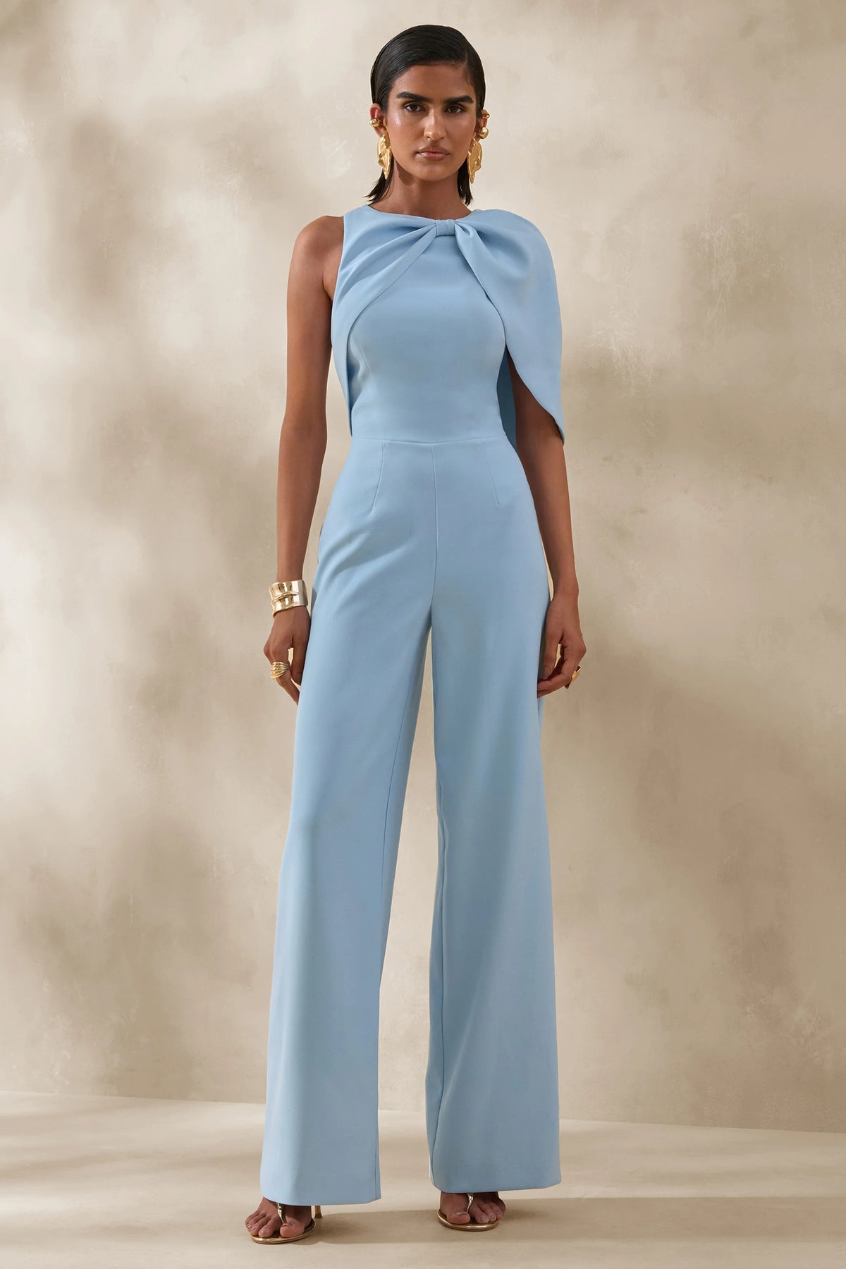 Quinley Powder Blue Asymmetric Neck Jumpsuit With Cape Sleeve