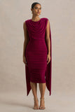 Wanderer Burgundy Crew Neck Midi Dress With Draped and Ruched Detailing
