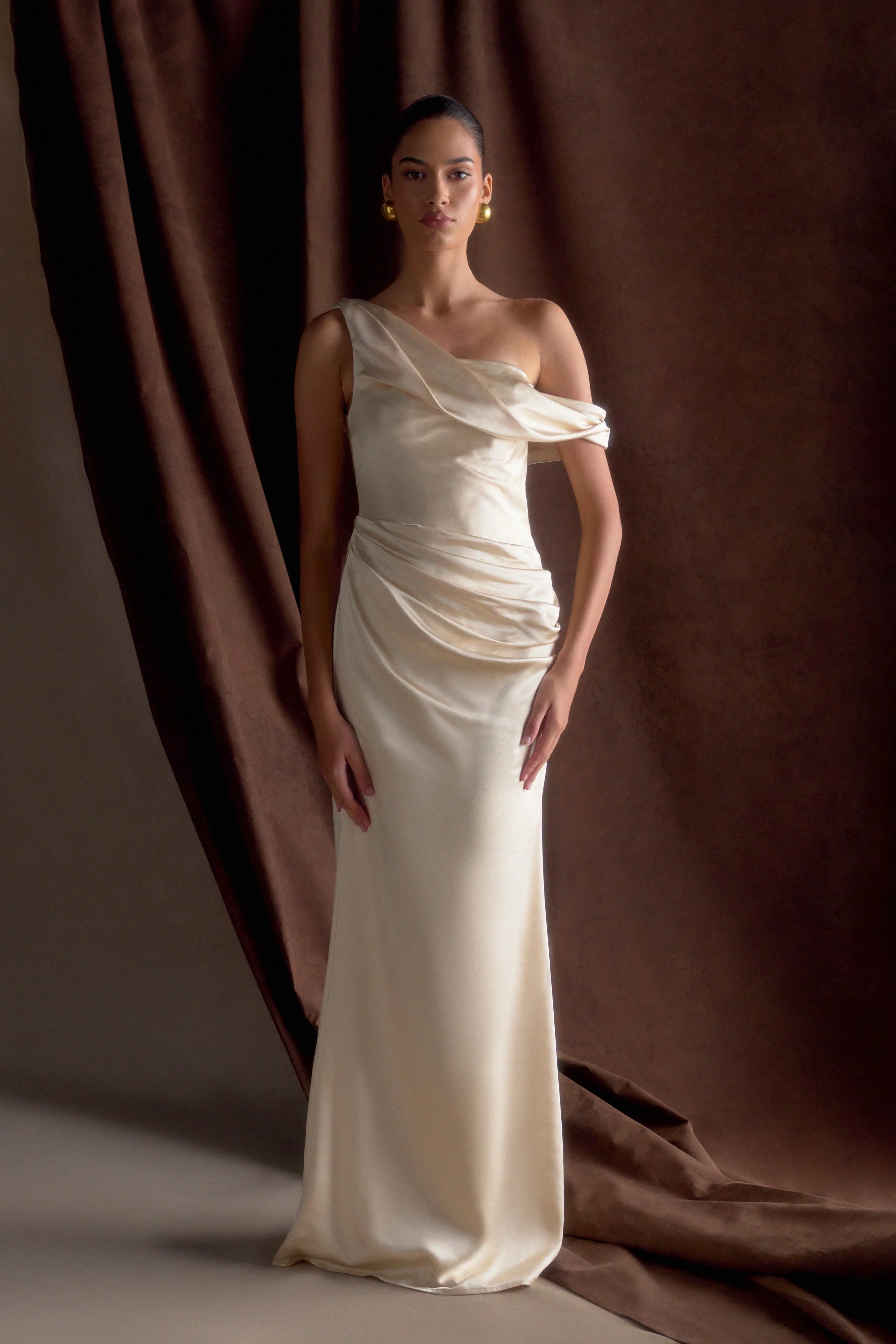 Dalia Off Shoulder Satin Maxi Dress Blush Gold