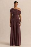 Emberly Brown Draped Asymmetric Neck Maxi Dress With Drop Waist