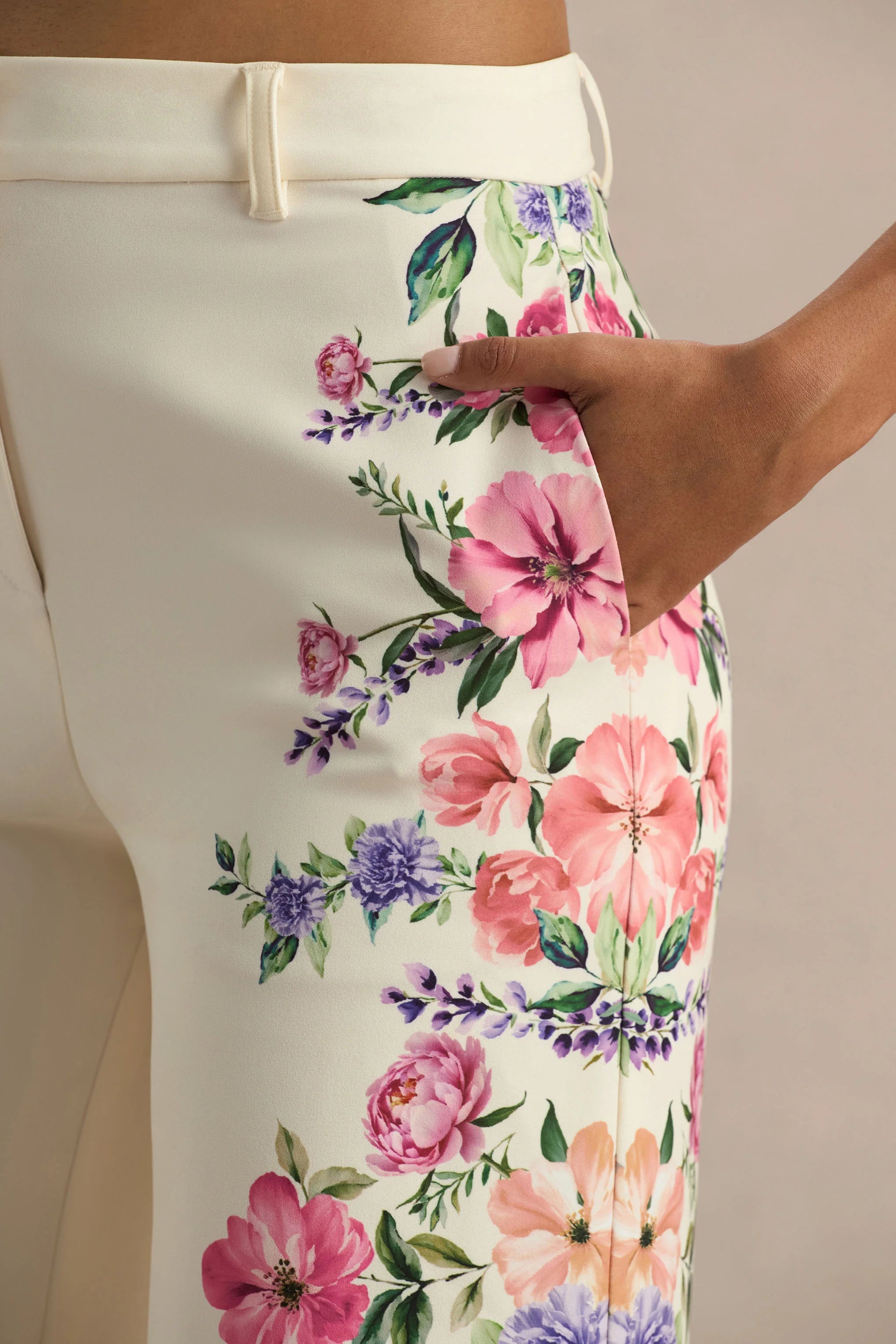 Solana White Floral Border Print Wide Leg Trousers