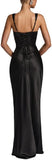 Women Wedding Guest Dress Satin Corset Top Elegant Maxi Dresses with Sheer Scarf Evening Gown