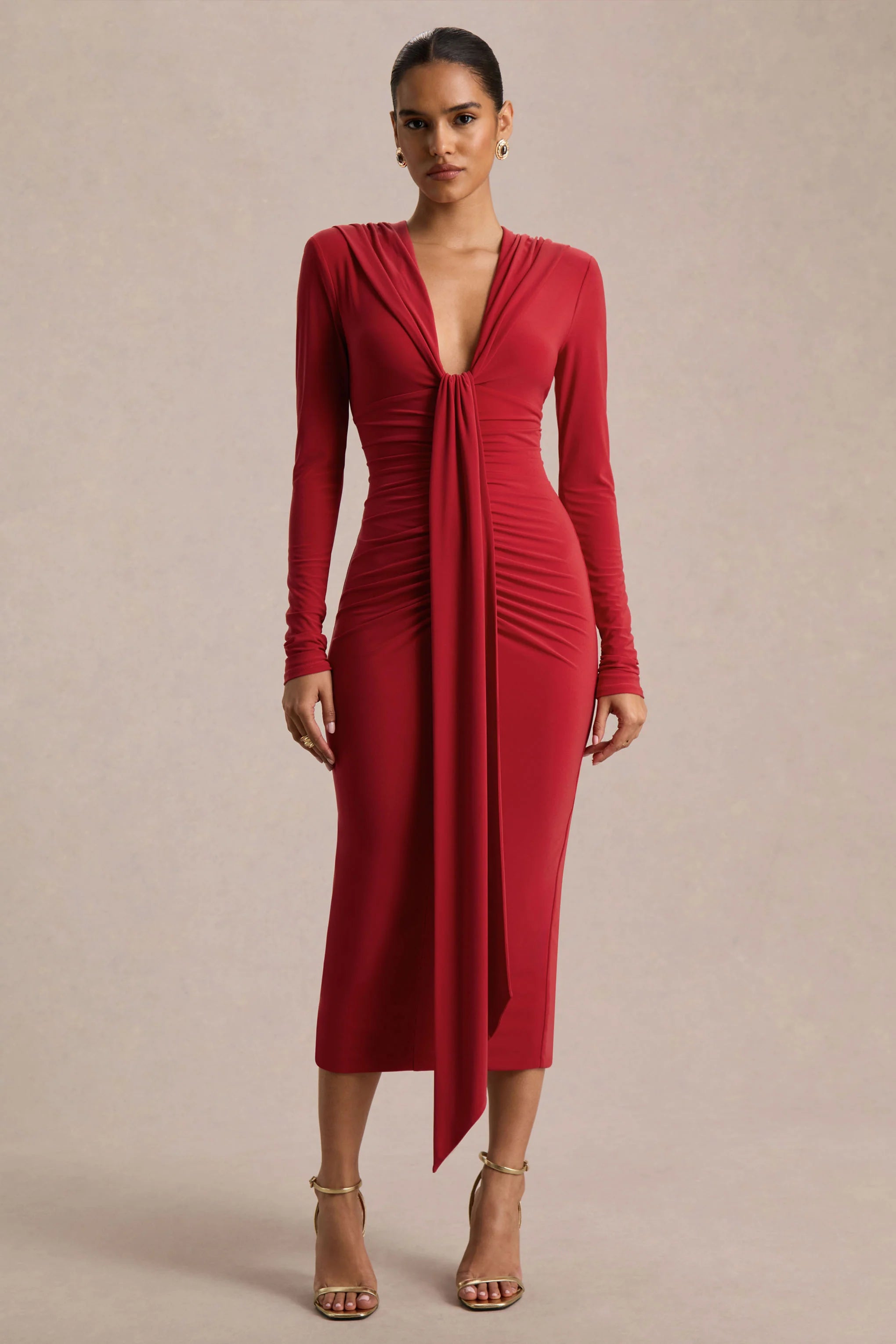 Ivara Red Plunge Neck Maxi Dress With Ruched Detailing And Sash