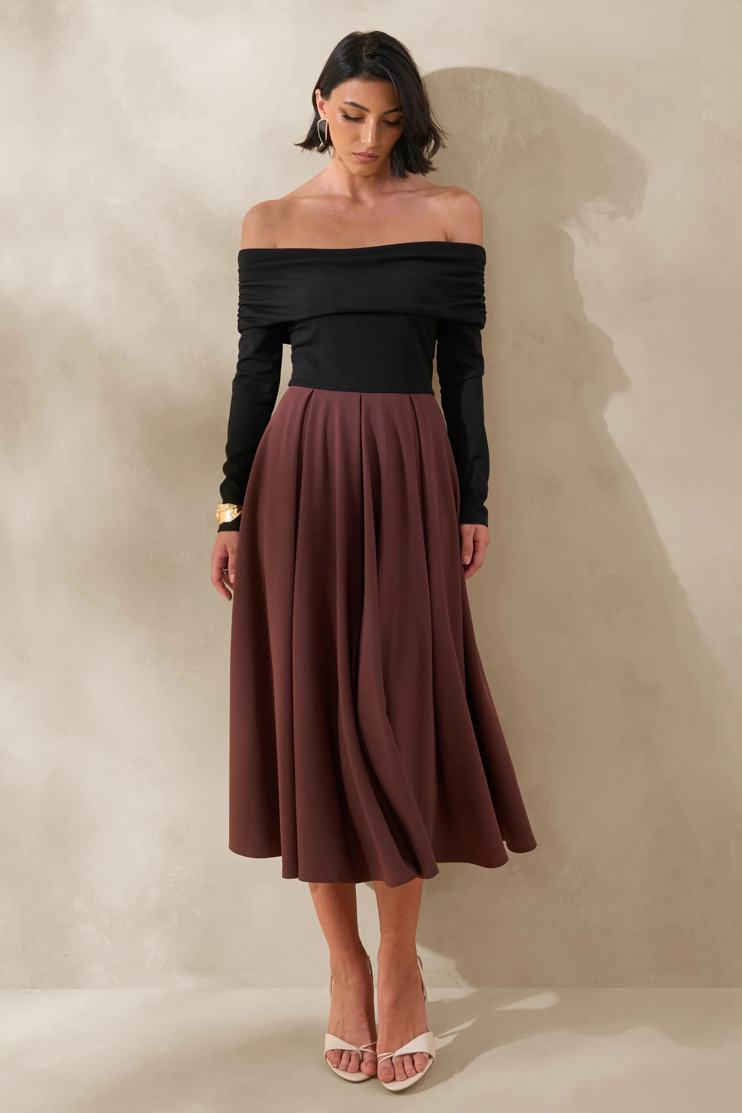 Frederica Black And Brown Bardot Neck Midi Dress