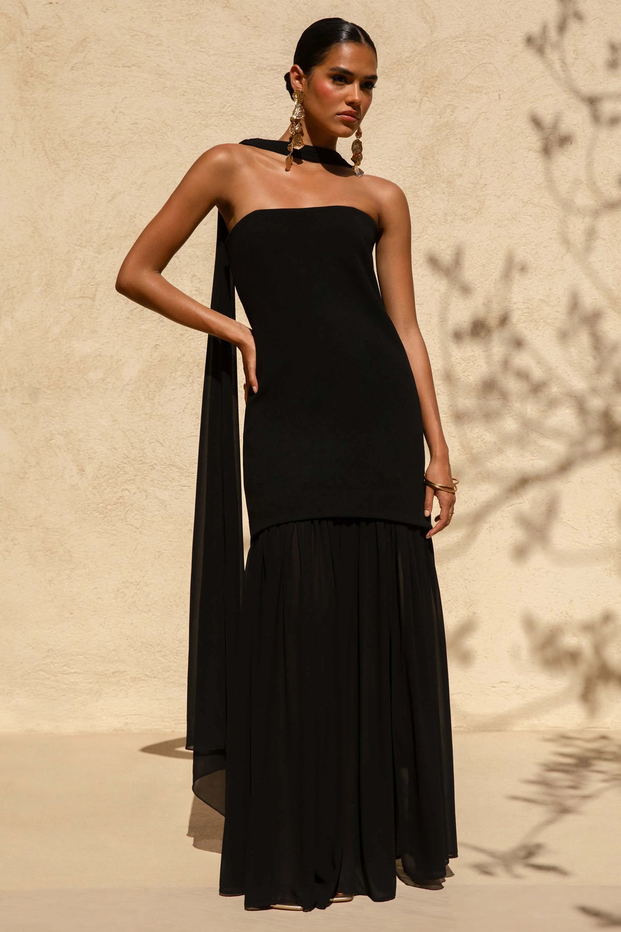 Kylie Black High Neck Maxi Dress With Chiffon Skirt