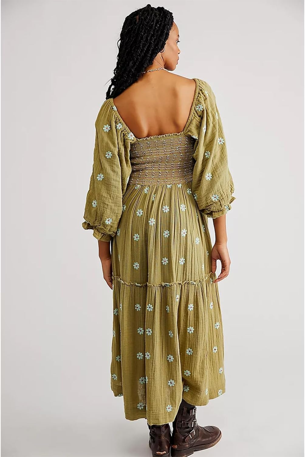 Women Floral Embroidered Maxi Dress Long Puff Sleeve Square Neck Bohemian Flowy Dress with Pockets Summer Fall