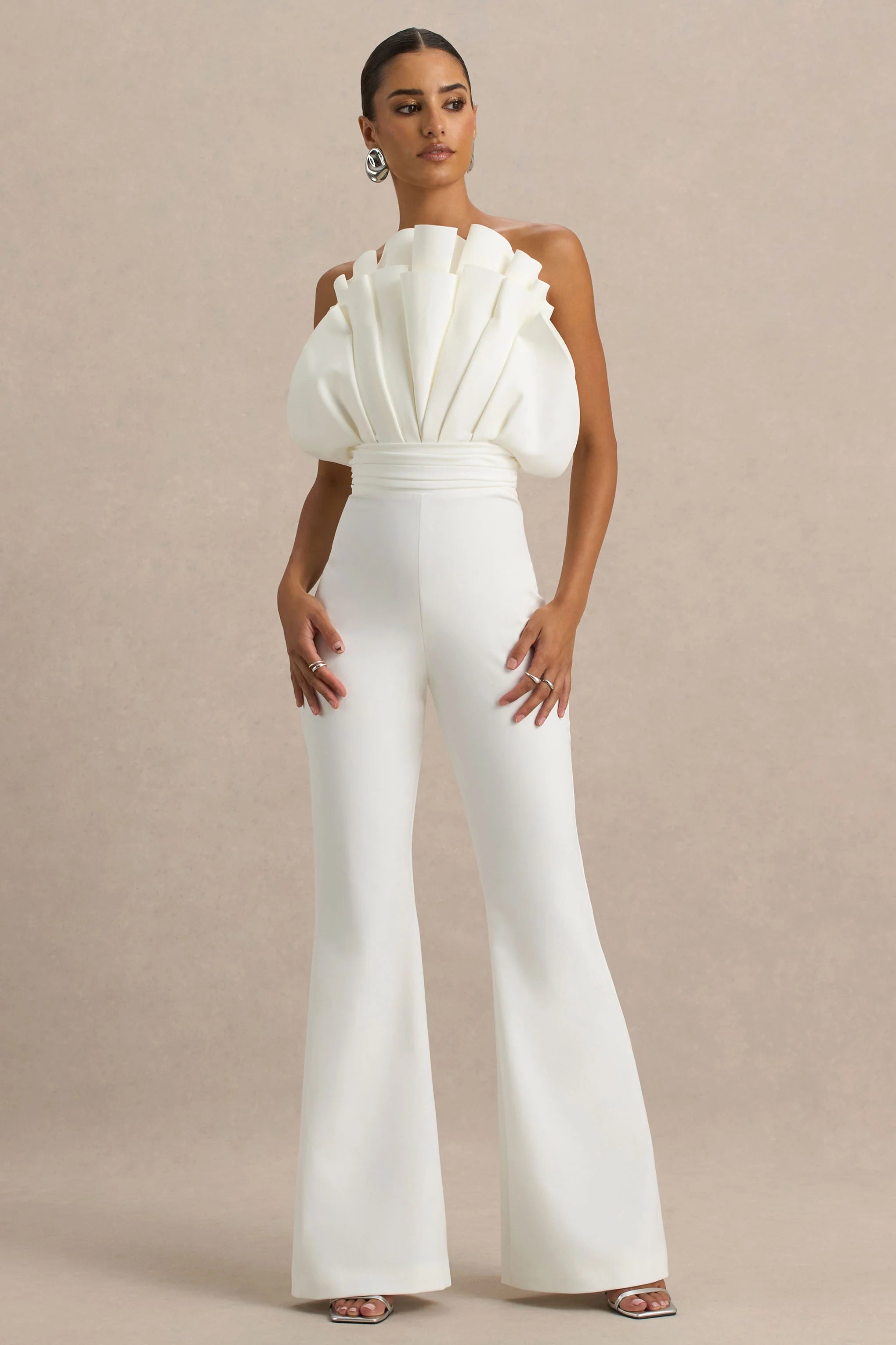 Riga White Ruffled Asymmetric Jumpsuit