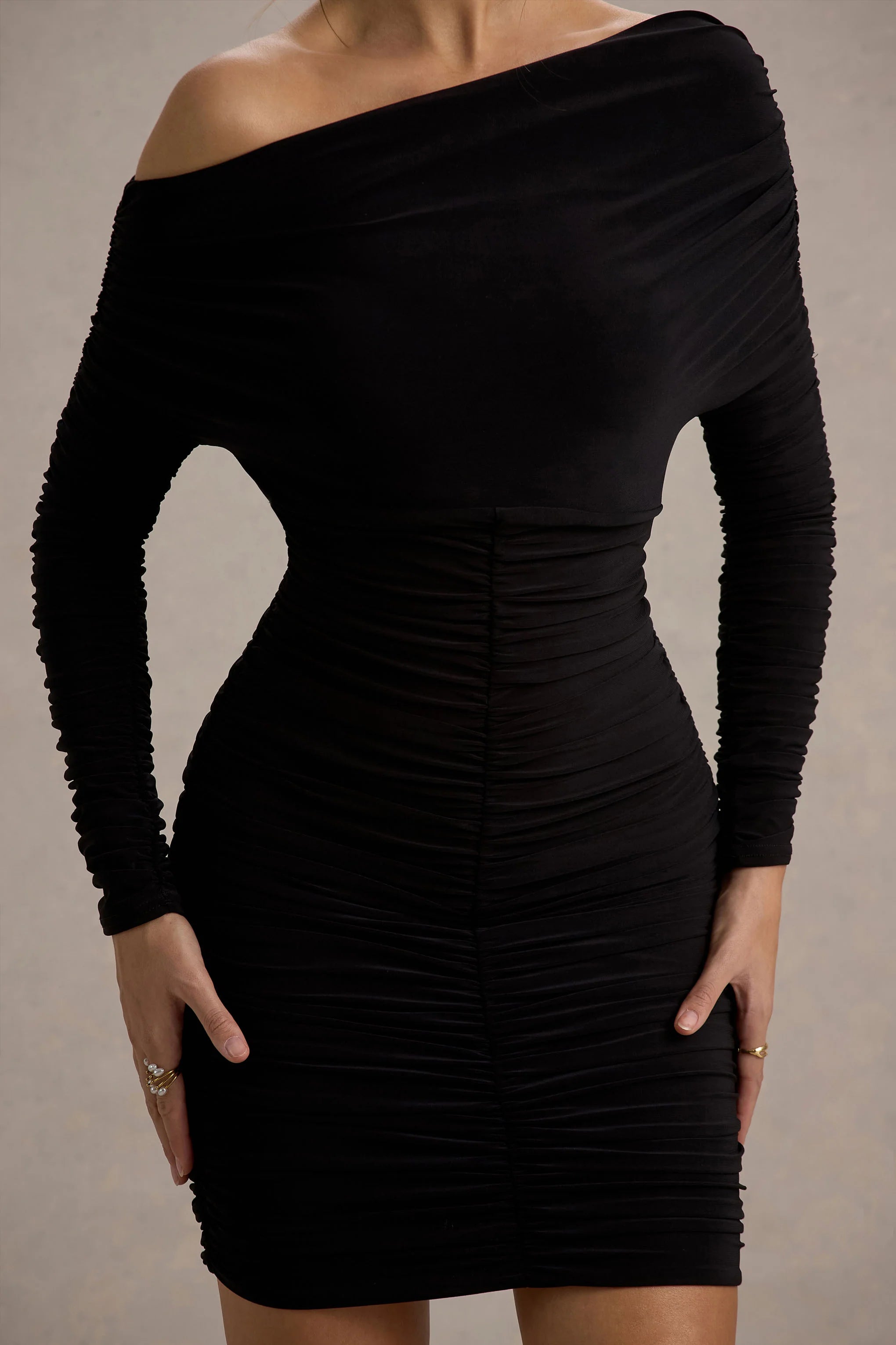 Zhara Black Ruched One Shoulder Bodycon Mini Dress