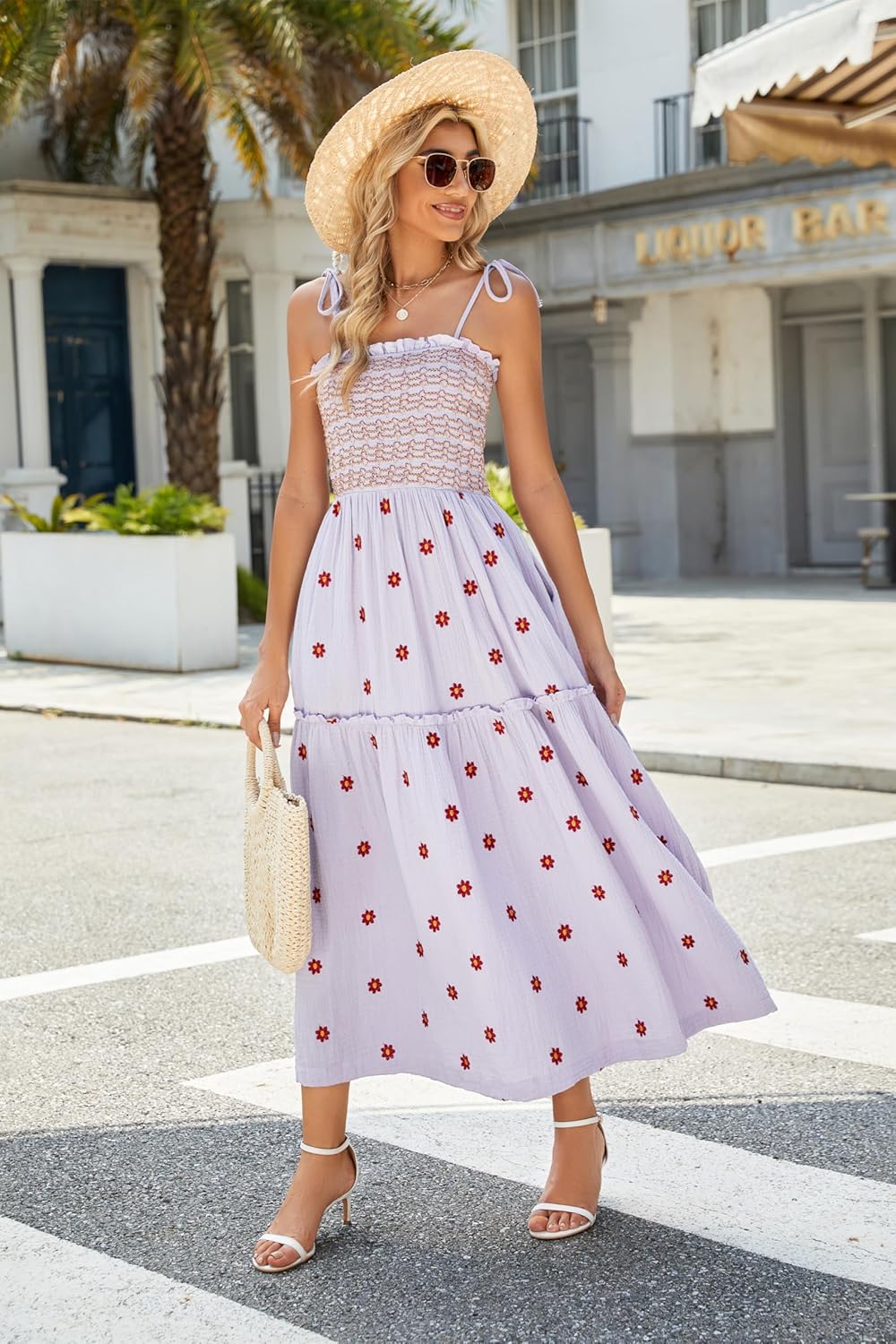Women Floral Embroidered Maxi Dress Sleeveless Tie Shoulder Smocked Flowy Dress Boho Summer Sundresses with Pockets