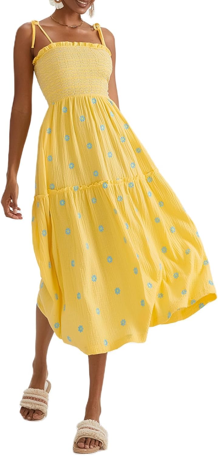 Women Floral Embroidered Maxi Dress Sleeveless Tie Shoulder Smocked Flowy Dress Boho Summer Sundresses with Pockets