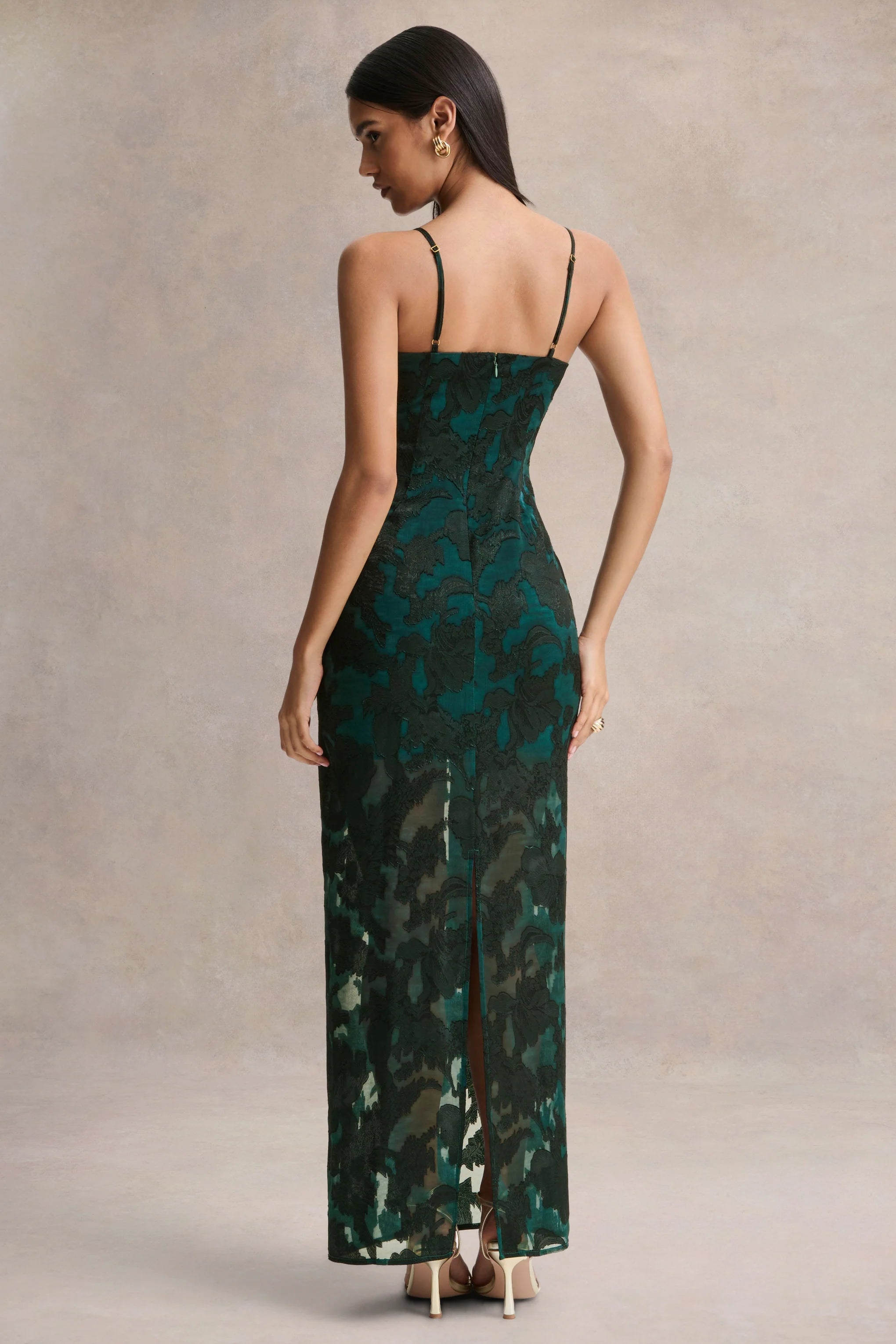 Hada Dark Green Satin Devore Square Neck Maxi Dress With Removable Twisted Cape