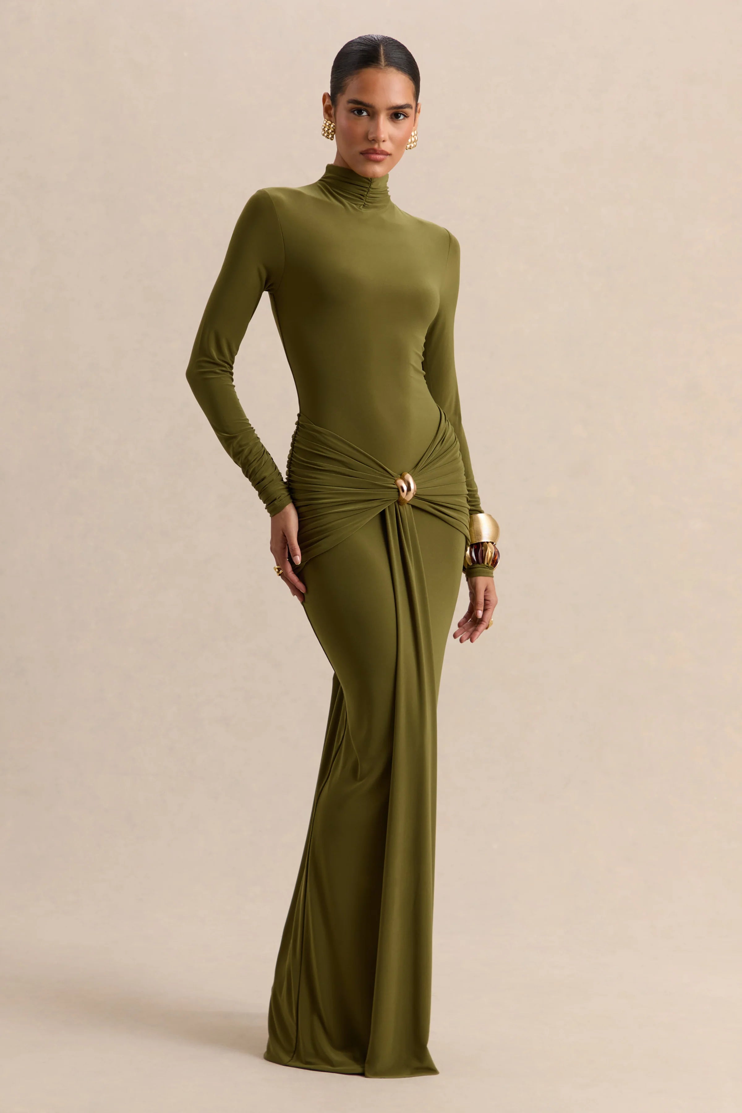 Ambrette Olive High Neck Maxi Dress With Gathered Detailing