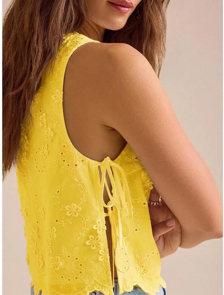 Women Eyelet Embroidered Tank Top Sleeveless Side Tie Summer Going Out Crop Top