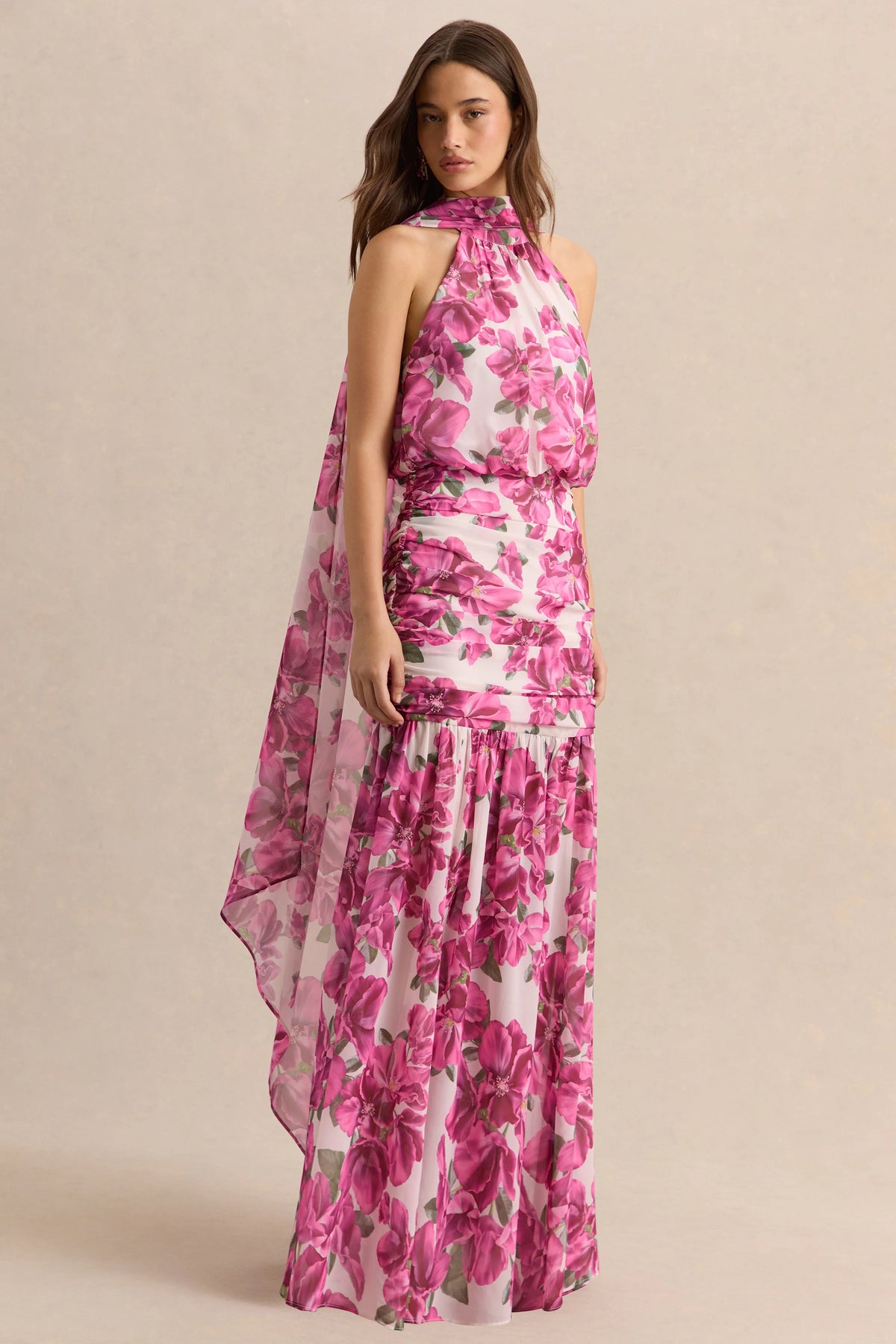 Veronique Pink Hibiscus Floral Halter Neck Maxi Dress