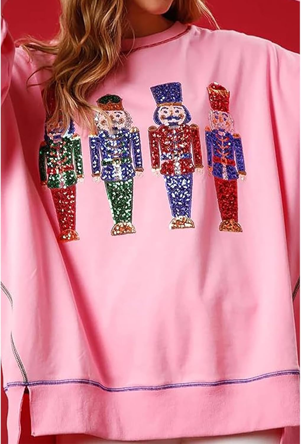 Christmas Sweatshirt for Women Funny Sequin Sweater Nutcracker Santa Xmas Graphic Oversized Pullover Tops